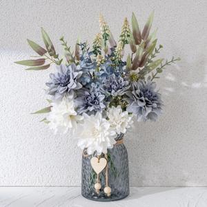 LUEUR Fake Flowers with Vase, Silk Roses Artificial Flowers in Vase Faux Flowers Arrangement Suitable for Home Kitchen Living Room, Fall Spring Decor for Office, Centerpiece Table Decorations (White-dahlia)