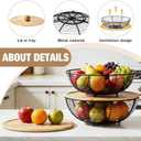 2 Set Stackable Fruit Basket with Bamboo Lid 11.5 &10.5 Inch Black Metal Wire Large Fruit Bowl for Kitchen Counter Pantry Organizer and Storage for Veggie, Snacks