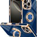 Designed for iPhone 16 Pro Case with Ring Stand, 360 Rotatable Holder Support Magnetic Car Mount Soft TPU Plating with Full-Covered Lens Protection Phone Case for iPhone 16 Pro Blue