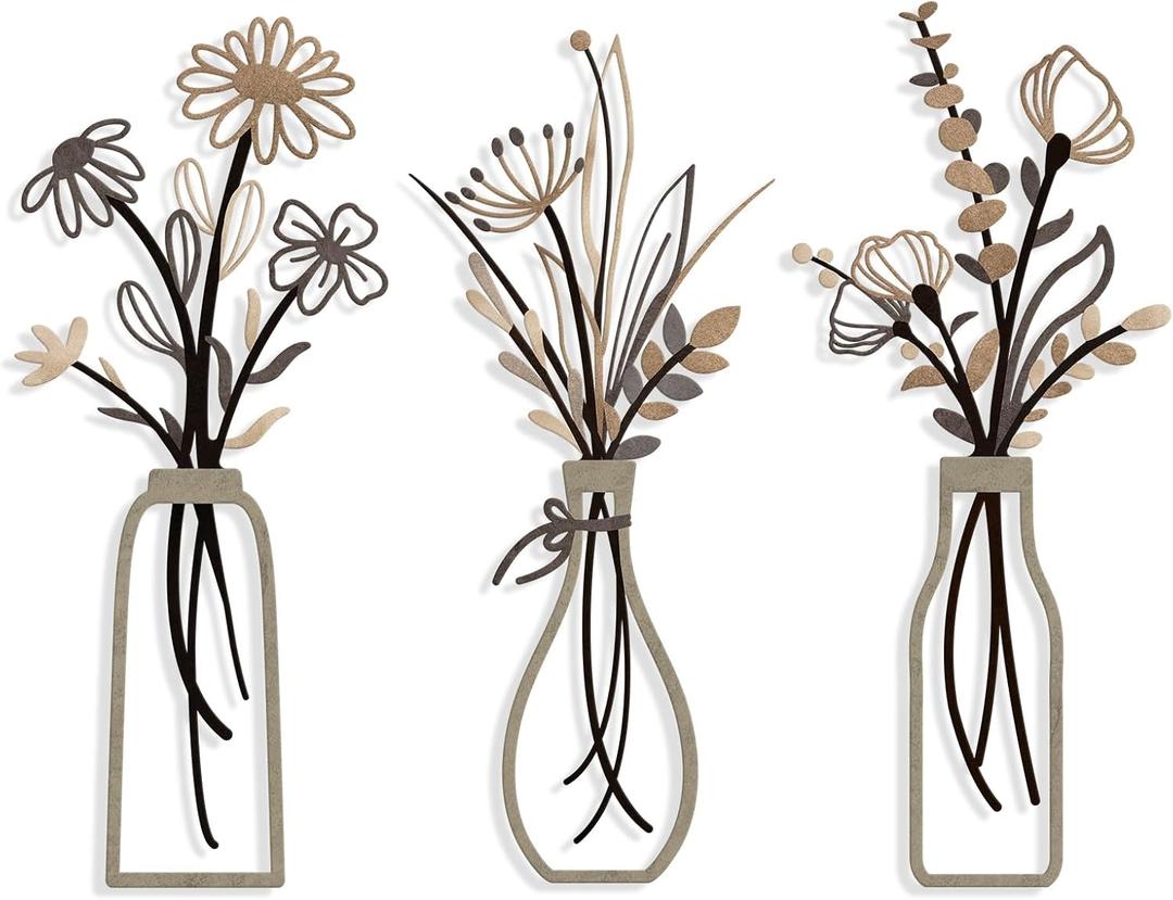 3 Pieces Metal Flowers Wall Arts - Rustic Farmhouse Style Dcor Metal Wall Art Black Minimalist Flower Natural Themed Wall Decors for Home Bedroom Dining Room Housewarming (Brown)