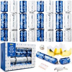 JOYN 8 Pack Christmas Non-Snap Party Table Favor with Blue & White Snowflake Design, with Party Hat, Joke & Little Gift Inside, for Xmas Gift, Christmas Seasonal Holiday Dinner Traditions