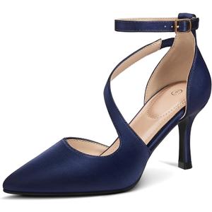 mysoft Women's Pumps Pointed Toe Stiletto Ankle Strap Closed Toe Low Heel Wedding Party Dress Shoes (8, Navy)