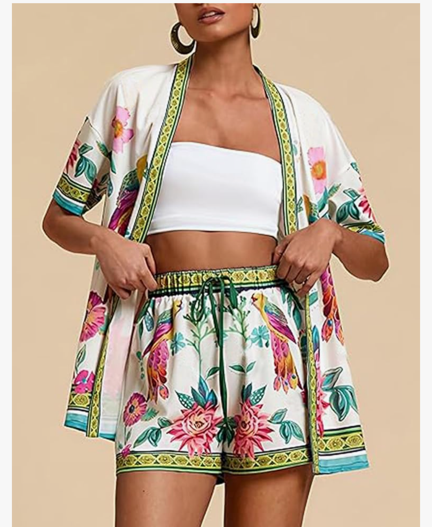 Women Boho Tropical Print Beach Cover Up Shorts Set 2 Piece Summer Lounge Outfit Lightweight Swimwear Matching Outfit XL, 03Green