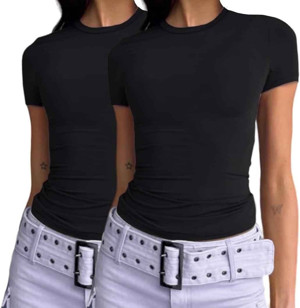 Dwnval Womens 2 Piece Sexy Casual Short Sleeve Crewneck Shirts Summer Slim Fit Cute Crop Tops (Black, XL)