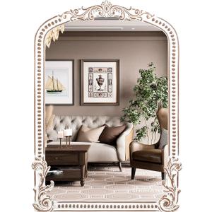 25x35 Inch Baroque Arched Wall Mirror Wooden, Rustic Farmhouse Decorative Mirrors for Fireplace, Entryway, Living Room, Bedroom, Bathroom