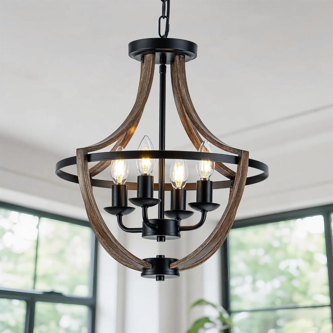 16.5 Inch Wood Farmhouse Chandelier, Black Dining Room Light Fixture, 4-Light Rustic Kitchen Chandelier for Dining Room, Adjustable Hanging Light Fixtures for Kitchen Island Entryway Foyer Hallway