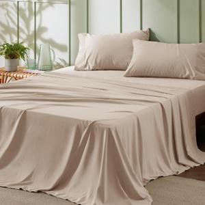 Bedsure California King Sheet Sets - 4 Pieces Soft Cal King Sheets - Breathable & Cooling - Hotel Luxury - Easy Care Polyester Microfiber Bedding for Women, Men, Light Khaki