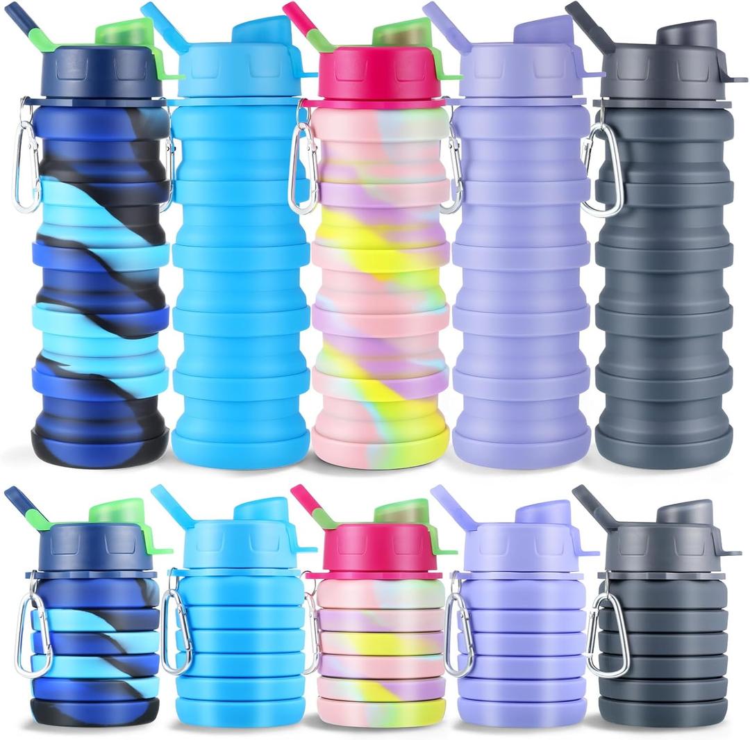 5 Pcs Collapsible Water Bottles, 16 oz Portable Foldable Water Bottle with Metal Clip Silicone Leakproof Travel Waters Bottle Reusable Sports Waters Bottles for Travel Camping Hiking Cycling