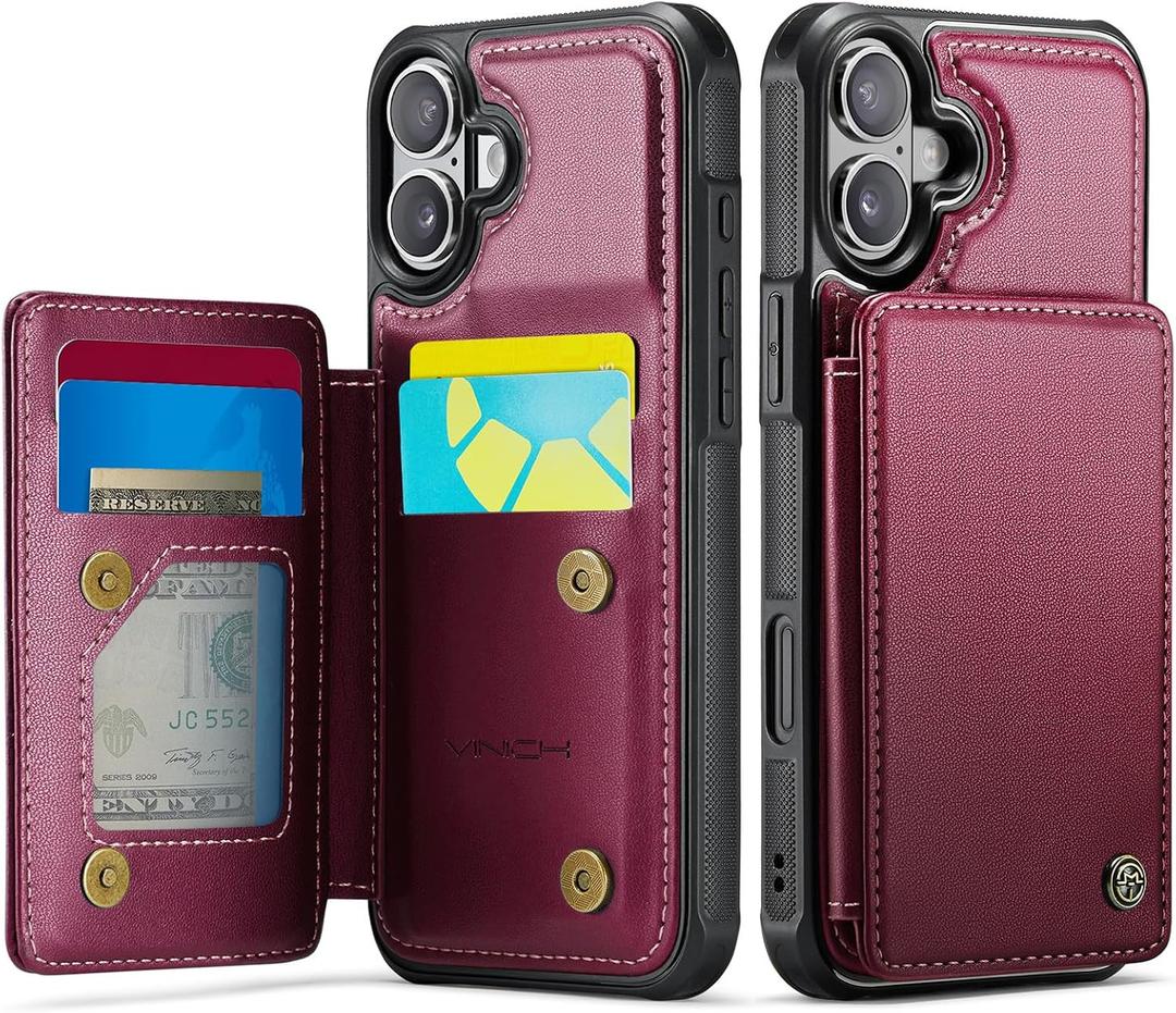 Vinich for iPhone 16 Wallet Case with Card Holder, RFID Blocking Credit Slots Kickstand Shockproof Phone Cover Fit for iPhone 16 6.1" Wine Red