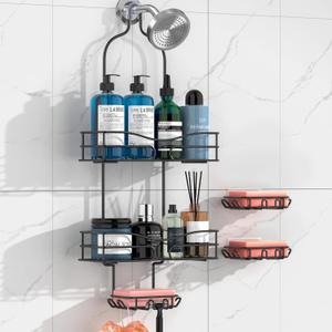 Anti-Swing Shower Caddy Hanging - 3 Soap Holders, Rustproof Shower Head Organizer Stainless Steel, Bathroom Organizers and Storage With Hooks & Razor Holder, Black