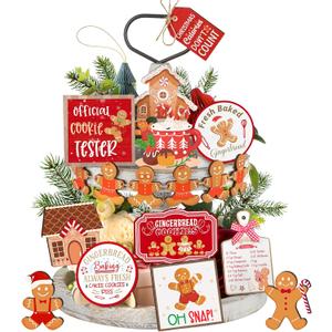Draupnir 18 Pcs Christmas Tiered Tray Decor Set Winter Tiered Tray Gingerbread Christmas Decorations Farmhouse Tabletop Centerpiece Xmas Wooden 3D Sign Gingerbread Decor for Home Table