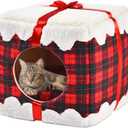 Cat Bed for Indoor Cats Cube House, Gift Box Cat Beds House for Kittens and Small Animals, Portable Warm Covered Cat Cave Beds for Christmas, Cat Hideaway Beds, Red