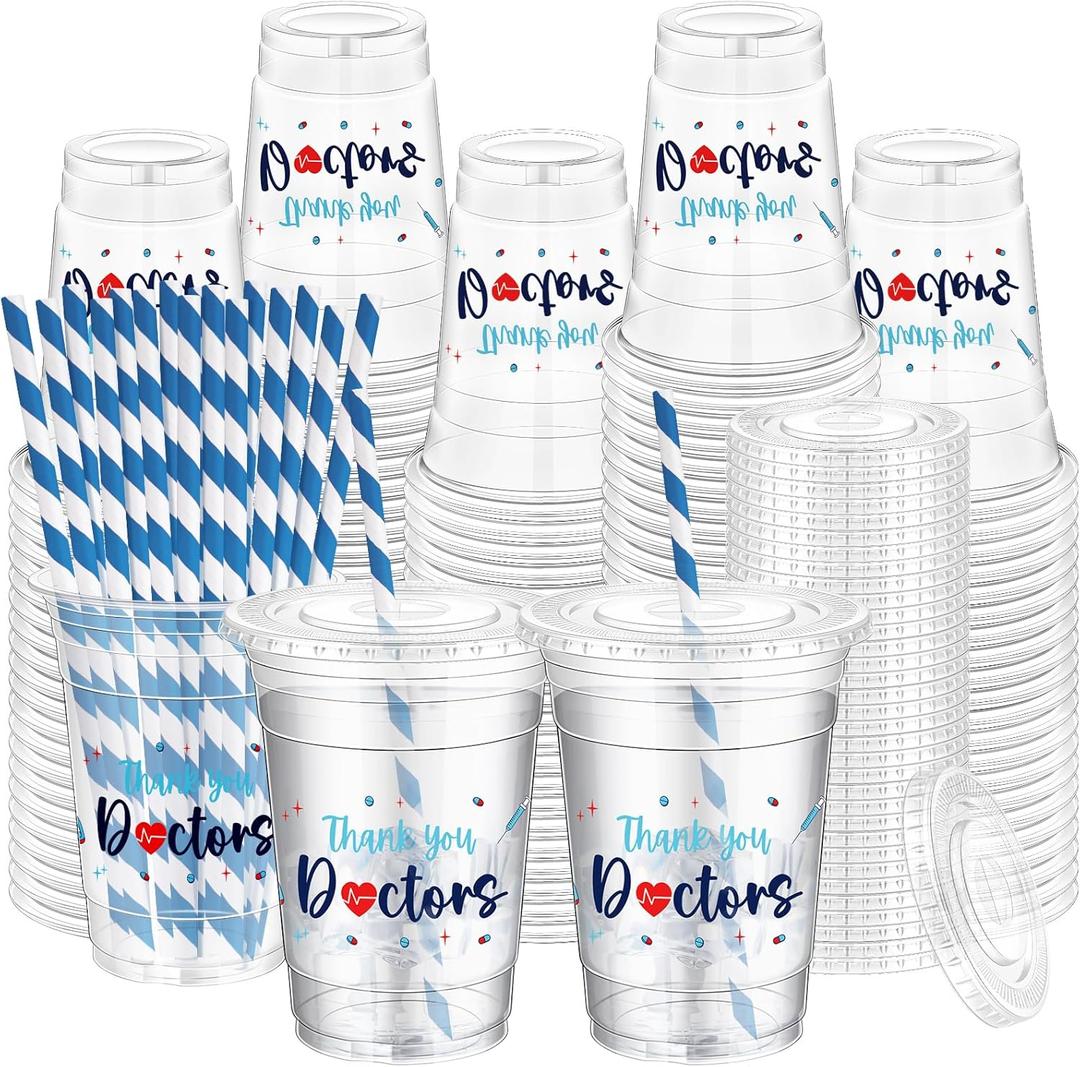 50 Pack National Doctor Day Gifts Thank You Doctors Cups Bulk 16 oz Disposable Clear Plastic Drinking Cup with Lid and Straw Appreciation Gifts Bulk for Medical Staff Nurses Holiday Party Supplies
