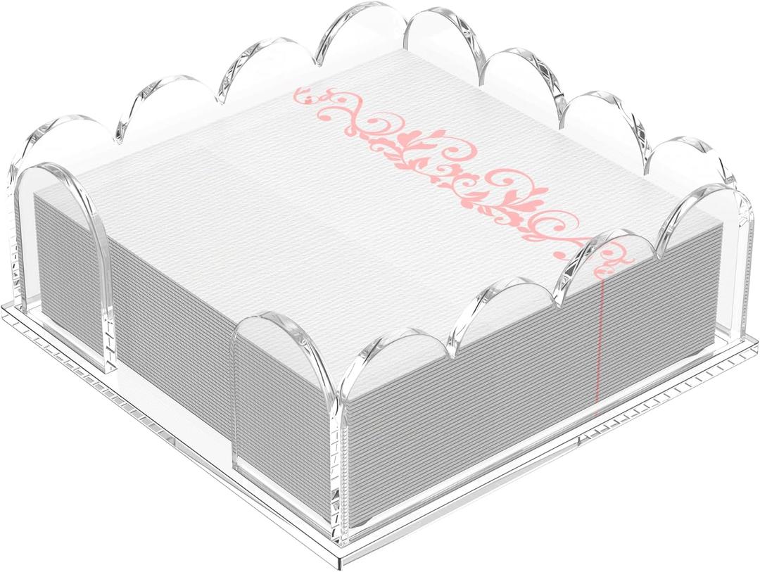 YAGELI Acrylic Napkin Holder for Cocktails – Clear Scalloped Tray and Dispenser for Kitchen, Dining, Bar – Organizes Flat Paper Towels & Disposable Napkins for Weddings, Home, Hotel（5.9x5.9in)