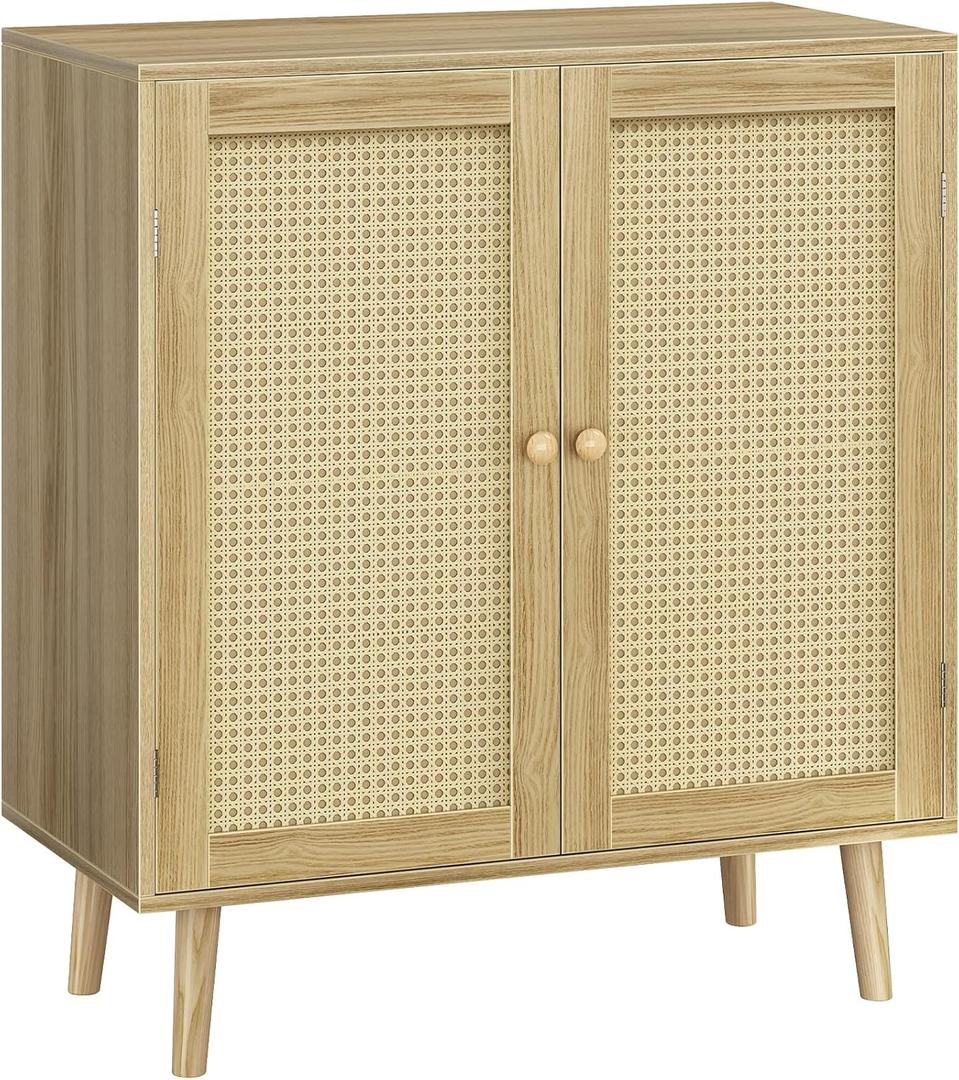 Huuger Buffet Cabinet with Storage, Storage Cabinet with PE Rattan Decor Doors, Accent Sideboard Buffet with Solid Wood Feet, for Hallway, Entry, Living Room, Natural (Natural)