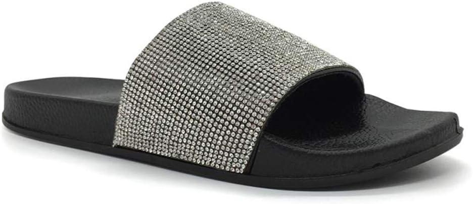 FUNKYMONKEY Women's Slides Rhinestone Glitter Slip On Footbed Platform Sandals (8, Black)