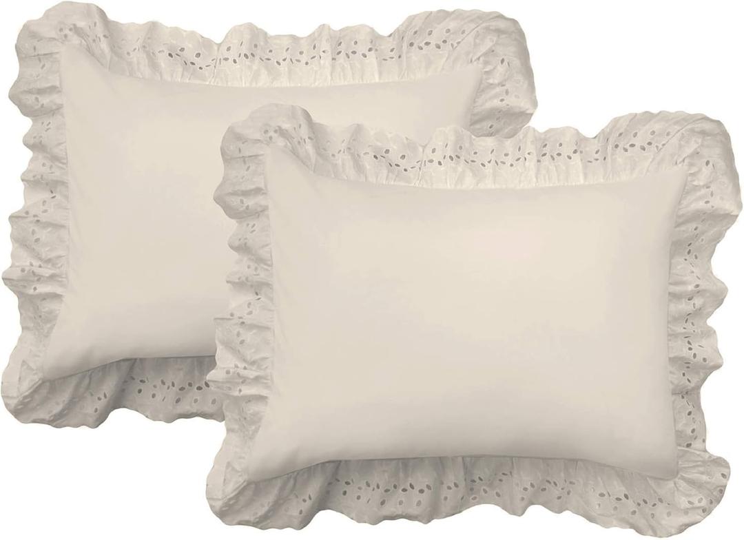 FRESH IDEAS Ruffled Bed Pillow Shams with Embroidered Eyelet Detail, Standard, Ivory, 2-Pack, Size: 26" x 20"