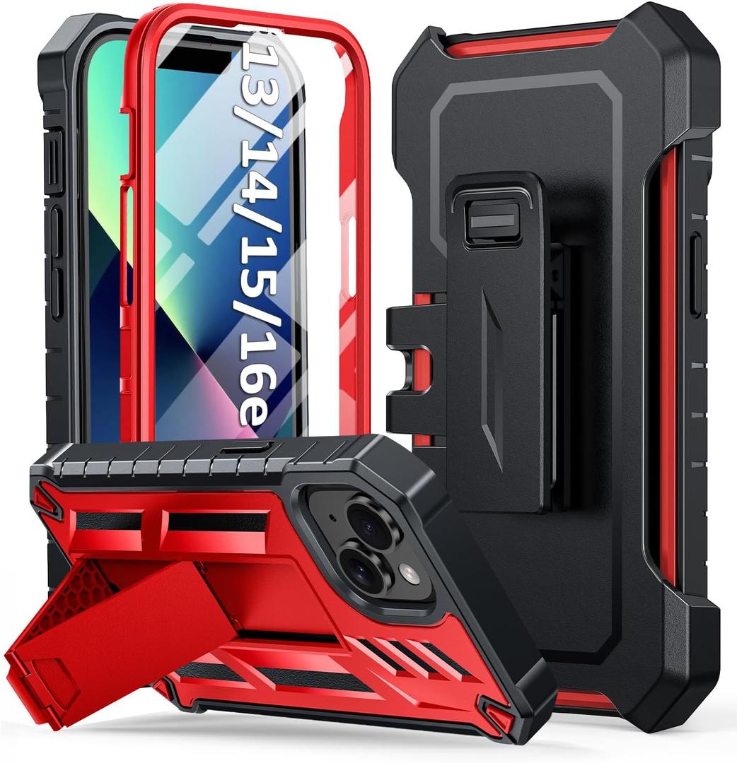 for iPhone 13/14/15 Phone Case: for iPhone 16e Protective Cover with Belt Clip Holster | Durable Dual-Layer Design with Built-in Kickstand | Heavy Duty Military Grade Hard Protection Shock Proof