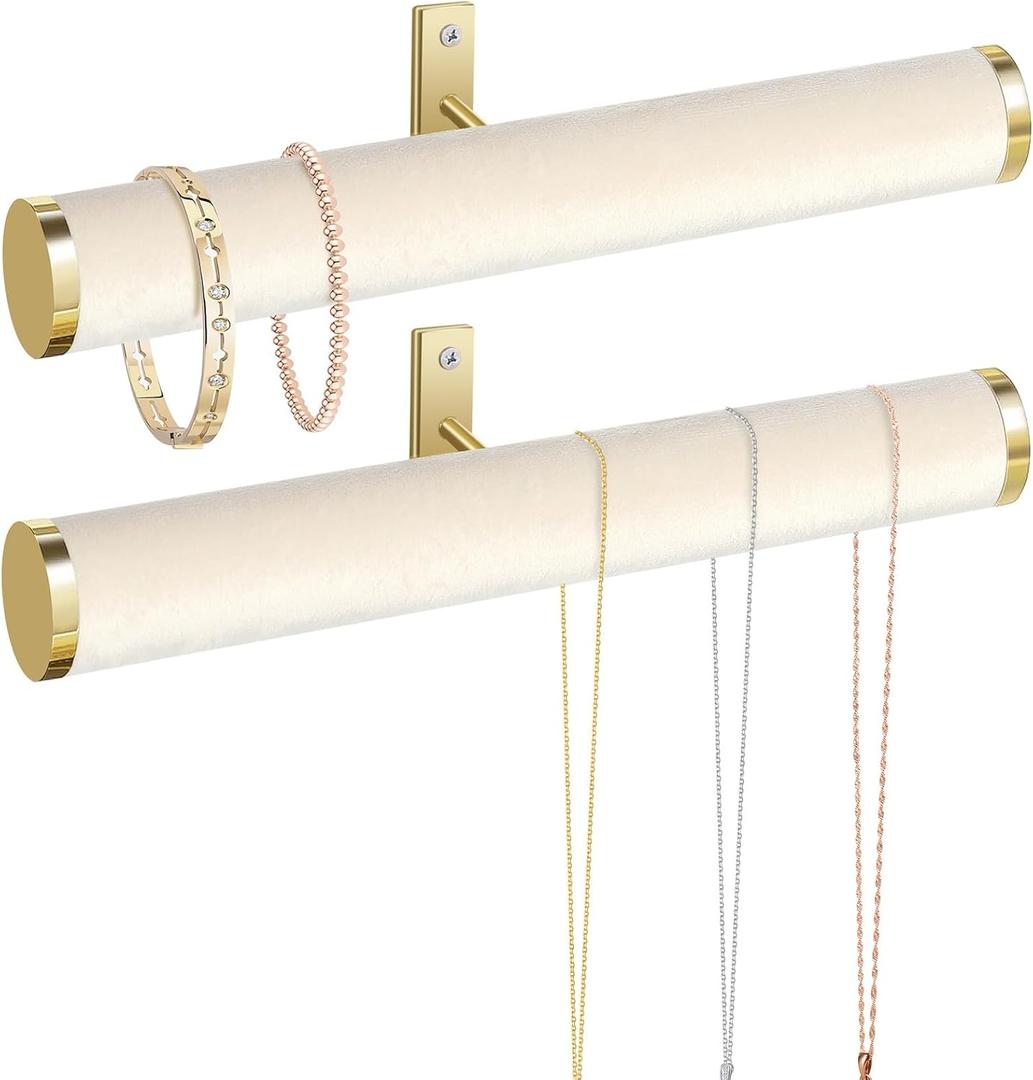 Velvet Necklace Holder Wall Jewelry Organizer, 12" Hanging Necklace Organizer, 2 Pack Wall Mounted Necklace Hanger for Bracelets Bangles Display,Beige