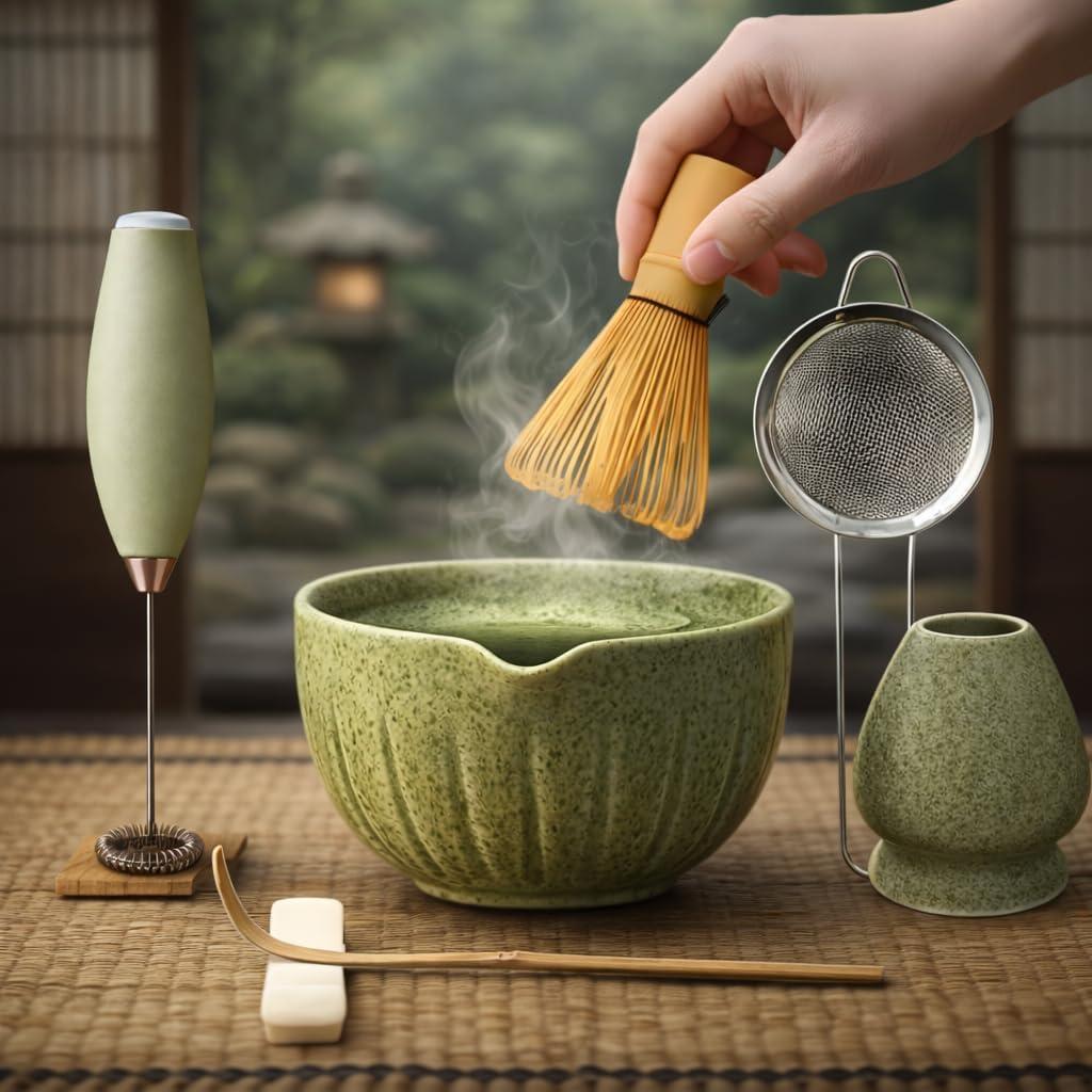 Matcha Whisk Set with Matcha Bowl - Matcha Set Included Electric Frother, Bamboo Whisk, Matcha Spoon, Bamboo Holder, Sifter, Spoon Stand (Mottled Green)