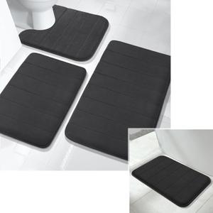 Yimobra 3 Pieces Memory Foam Bath Mat Sets, 44.1x24 + 31.5x19.8 and U-Shaped for Bathroom Rugs, Toilet Mats, Non-Slip, Soft Comfortable, Water Absorption, Machine Washable, Black