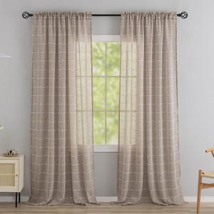 Sheer Curtains for Living Room 90 Inches Long Brown Thick Linen Textured Gauze with Striped Pom Pom Shabby Chic Farmhouse Bedroom Privacy Curtains That Let Light in 52" W X 90" L