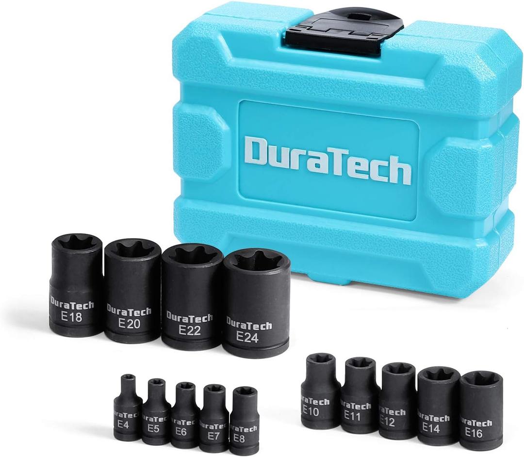 DURATECH 14-Piece External Star Impact Socket Set with Storage Case, E4 to E24, 1/4, 3/8, 1/2 Drive Female E-Torx Torque Socket for Working with Impact Wrench, Cr-V Steel