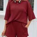 Tankaneo Womens 2 Piece Outfits Sweater Set Lounge Sets 3/4 Sleeve Oversized Tops and Elastic Waist Shorts Pajama Sets
