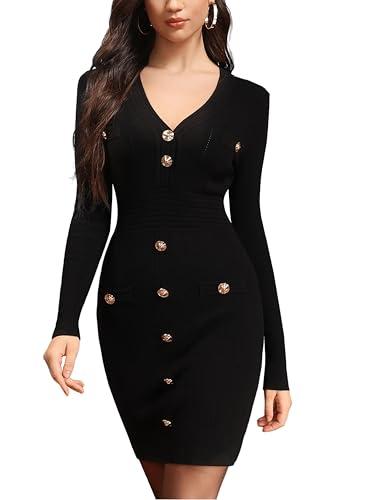M.Infisavo Womens Sweater Knit Bodycon Dress, V Neck Mini Casual Dresses Long Sleeve Button Down Vintage Fall Elegant Outfit Black, L