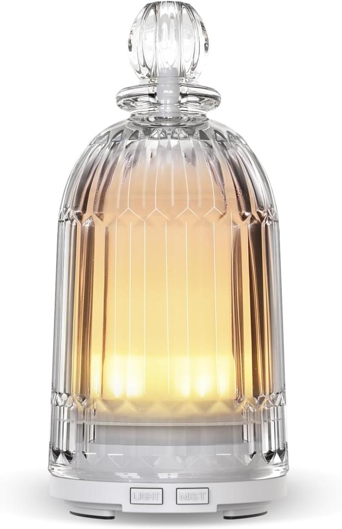 Glass Essential Oil Diffuser, Aroma Diffusers with Glass Cover & Plastic Reservoir Small Humidifiers with 7 Color LED Lights Auto-Off for Home Office Bedroom Yoga 120ml(White Bottom)