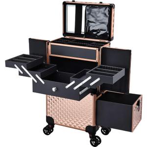 Adazzo Professional Makeup Artist Rolling Train Case Multi-functional Cosmetic Train Case Large Trolley Storage Case for Nail Technicians Cosmetology Case for Hairstylist Rose Gold