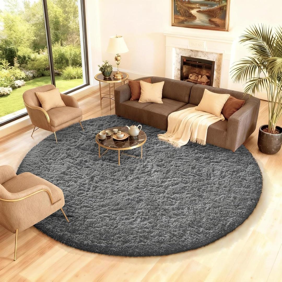 Ophanie Round Rug 7Ft Grey Circle Area Rugs, Large Fluffy Fuzzy Living Room Carpet 7 foot, Plush Shag Solid indoor Floor Gray Bedroom Christmas Circular Aesthetic Decor for Kids Teen Boys Baby,Nursery