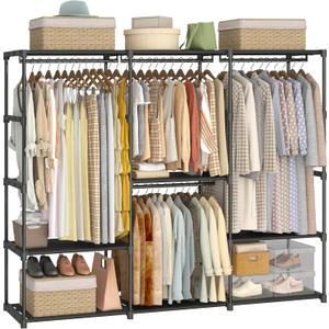 Portable Closet Wardrobe, 81 Inch Wide Clothing Storage Organizer with 9 Shelves and 4 Hanging Rods, Non-Woven Fabric Cover, Large Capacity for Bedroom, Cloakroom, Black (81"L x 17"W x 72"H)