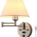 Swing Arm Wall Sconces, Plug-in Wall lamp,Bedroom Wall lamp White Fabric Shadewith dimmable Switch and USB Charging Port, Suitable for Bedside, Living Room, Reading (Nickel)
