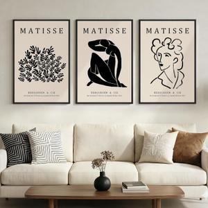 Framed Matisse Canvas Wall Art for Living Room, Set of 3 Abstract Black and White Minimalist Botanical Prints for Walls, Modern Aesthetic Pictures for Bedroom, Dining Room, Hallway and Office, Total Size 30x60, 20"W x 30" H x 3Pcs