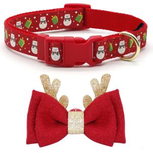 azuza Christmas Pet Collar Adjustable Xmas Dog Collar with Christmas Antler Bow tie Accessories Snowman Dog Collar for Puppy and Small Dogs (XS - Neck: 8-12 inch)