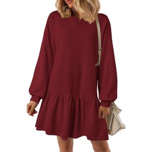 PRETTYGARDEN Womens Patchwork Sweatshirt Dress 2025 Fall Casual Long Sleeve Crewneck Pullover Cute Babydoll Mini Dresses (Wine Red,Small)