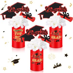 Domensi 3 Sets Graduation Table Centerpiece Decorations Red and Gold Class of 2026 Includes 3 Silk Artificial Flower 9 Congrats Grad Sticks Picks Toppers 3 Metal Vases for Home Party Supplies Gifts