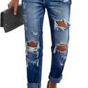 KUNMI Women's Ripped Mid Waisted Boyfriend Jeans Loose Fit Distressed Stretchy Denim Pants, Large
