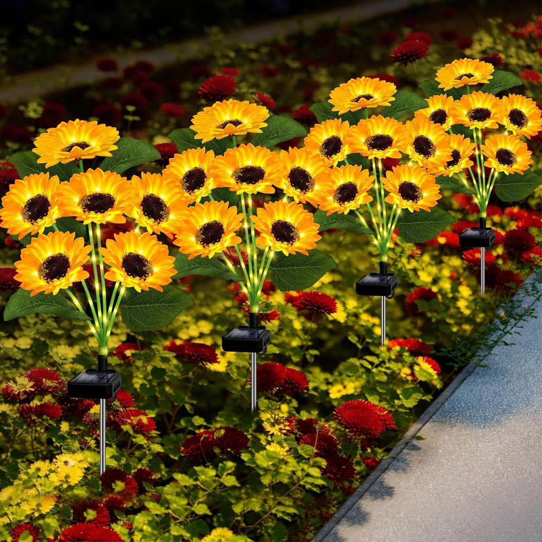 Solar Lights Outdoor Garden Decor, 4 Pack with 24 Sunflower Lights,Solar Flowers Lights Waterproof,Birthday Gifts for Mom Women Grandma,Outside Decorative Stakes Light for Landscape Yard Patio Lawn