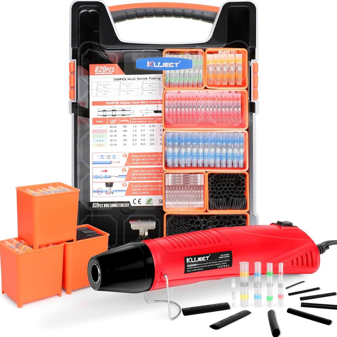 Kuject Heat Gun for Shrink Tubing, 820PCS Solder Seal Wire Connectors & Heat Shrink Tubing Kit, Waterproof Heat Shrink Wire Connectors Kit with Mini Heat Gun for Marine Automotive Wiring, AWG 26-10