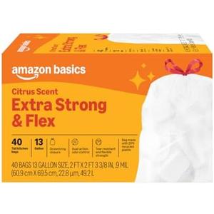 Amazon Basics Extra Strong & Flex Tall Kitchen Drawstring Waste Bags, Citrus Scent, 13 Gallon, 40 Count 3 Pack