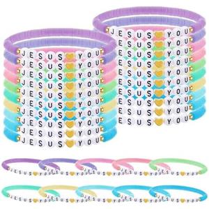 Landical 30 Pcs Jesus Loves You Bracelets Bulk Friendship Bracelets Clay Bead Christian Wristbands for Kids Religious Jesus Loves You Wristbands Halloween Christmas Sunday(Pastel)