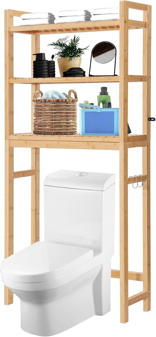 HITOMEN Over The Toilet Storage Cabinet, Bamboo Adjustable 3-Tier Above Toilet Shelf, Stable Freestanding Above Toilet Organizer with 3 Hooks for Bathroom Restroom Laundry Balcony, Natural 67" H, 24.8" W * 10.3" D * 67" H