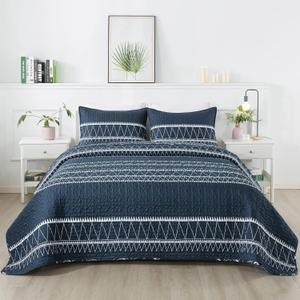 Andency Navy Blue Quilt Set King (106x96 Inch), 3 Pieces(1 Striped Triangle Printed Quilt and 2 Pillowcases), Bohemian Summer Lightweight Reversible Microfiber Bedspread Coverlet Sets