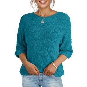 Dokotoo Womens Crewneck 3/4 Sleeve Knit Pullover Sweaters | 2026 Fall Winter, Casual, Fashion, Lightweight, Trendy Boho Tops, Striped, Solid Color, Color Block XL