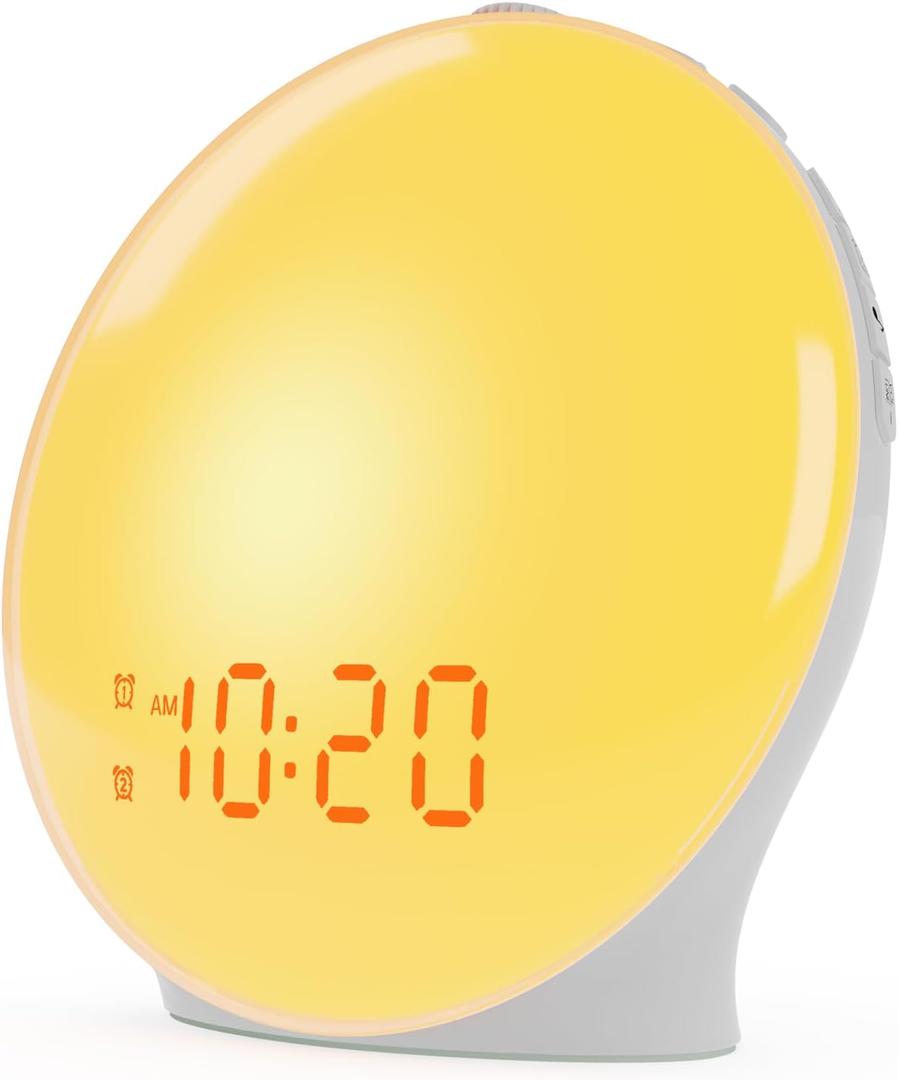 Wake Up Light Sunrise Alarm Clock for Kids, Heavy Sleepers, Bedroom, with Sunrise Simulation, Sleep Aid, Dual Alarms, FM Radio, Snooze, Nightlight, Daylight, 7 Colors, 7 Natural Sounds, Ideal for Gift (White)