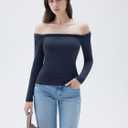 SUUKSESS Women Padded Off The Shoulder Tops Double Lined Going Out Long Sleeve Fitted Basic Fall Shirts(Navy Blue, XS)