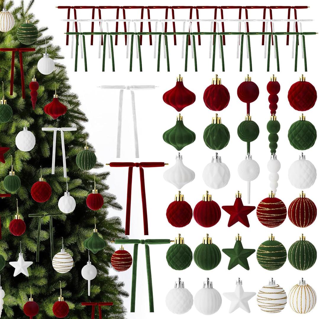Jenaai 30sets/60pcs Christmas Velvet Ornament Set, Including 30pcs Christmas Balls and 30pcs Bows, Tree Hanging Decorations for Home Tree Festival (Wine Red, Fruit Green, White)