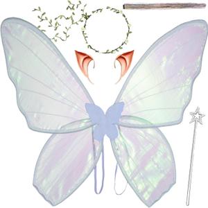 Fairy Wings for Adults and GirlsFairy Costume Set with Floral Garland, Fairy Hair Tinsel, Wand & Elf Ears  Butterfly Wings (White)